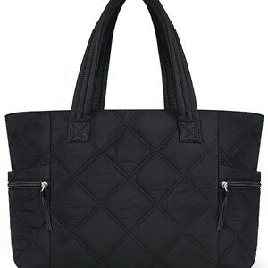 Quilted Tote Bag Women Lightweight Puffer Travel Laptop Work Gym Black